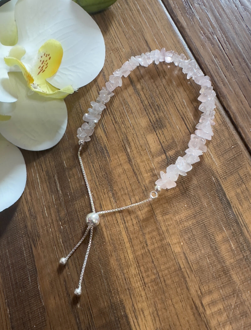 Rose Quartz Chip 925 Sterling Silver BOLO Bracelet