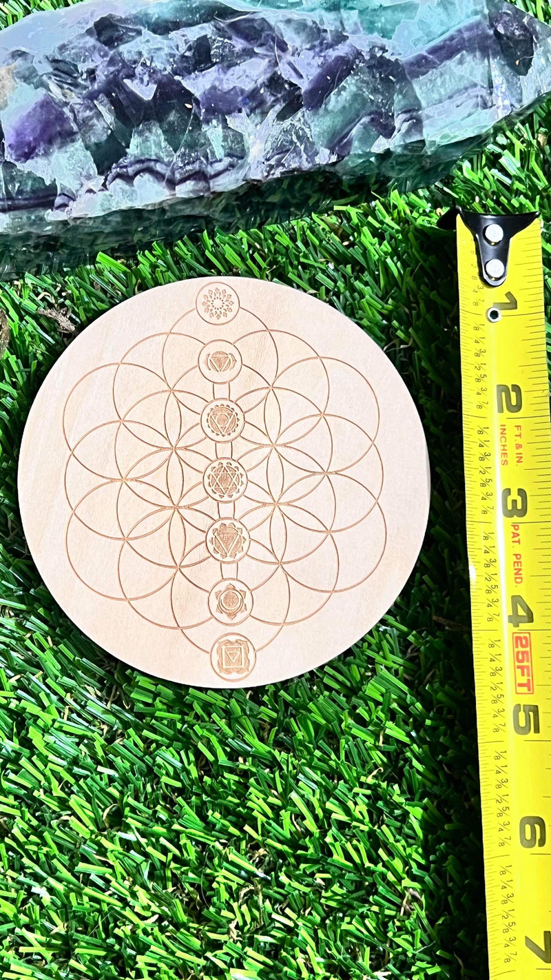 Mini Chakra Flower of Life Wooden Crystal Grid