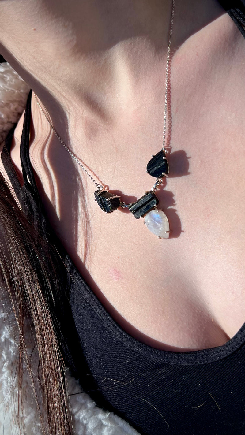 Black Tourmaline & Moonstone - Protection & Intuition Necklace